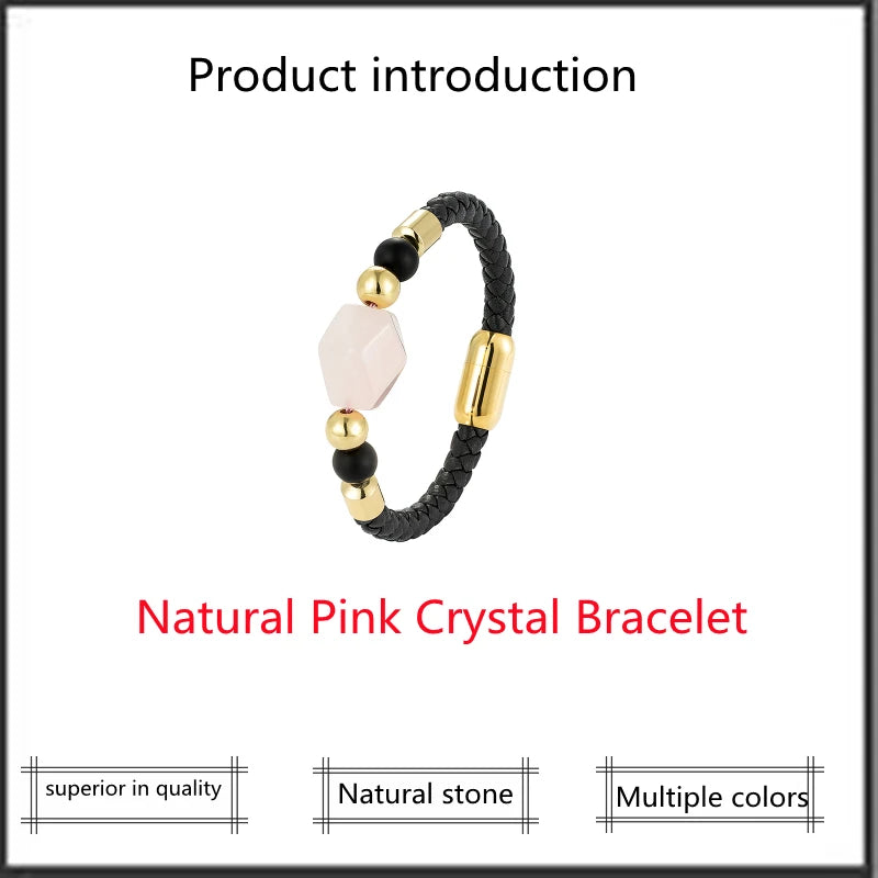 Geometric Natural Pink Crystal Energy Bracelet OL Style New Design 316L Stainless Steel Leather Rope Ladies Bracelet