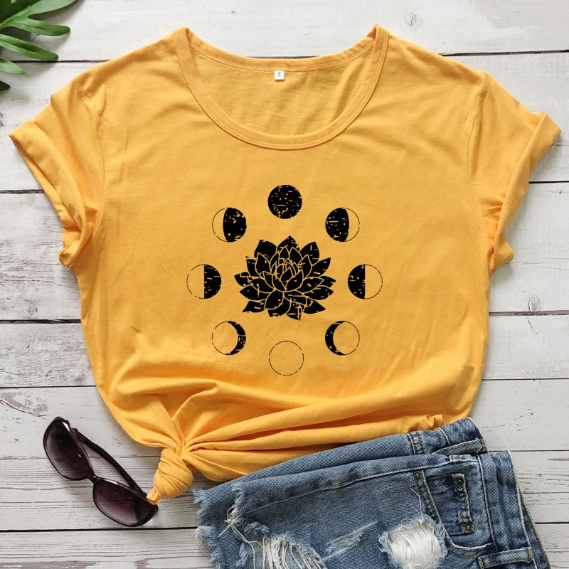 Mystical Moon Phases Lotus Flower T-shirt Aesthetic Women Spiritual Yoga Tshirt Funny Astrology Hippie Graphic Tees Tops