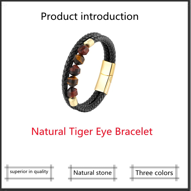 New 10mm Cut Corner Natural Tiger's Eye Energy Bracelet Sweet And Romantic Couple Double-Layer Leather Rope 316 Stainless S