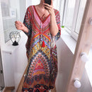 the BOHO KAFTAN - Bohemian Printed V-Neck Batwing Sleeve Long Loose Summer Moroccan Kaftan Dress for Women