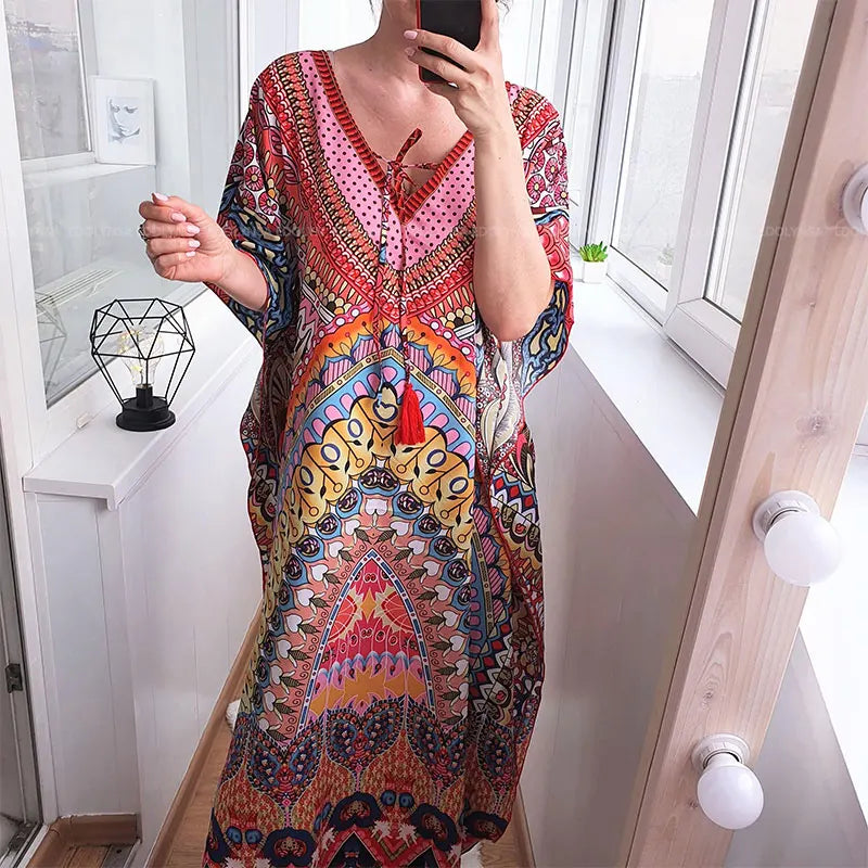 2023 Bohemian Printed V-neck Batwing Sleeve Long Loose Summer Dress For Women Clothes  Streetwear Moroccan Caftan Q831