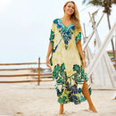the BOHO KAFTAN - Bohemian Printed V-Neck Batwing Sleeve Long Loose Summer Moroccan Kaftan Dress for Women
