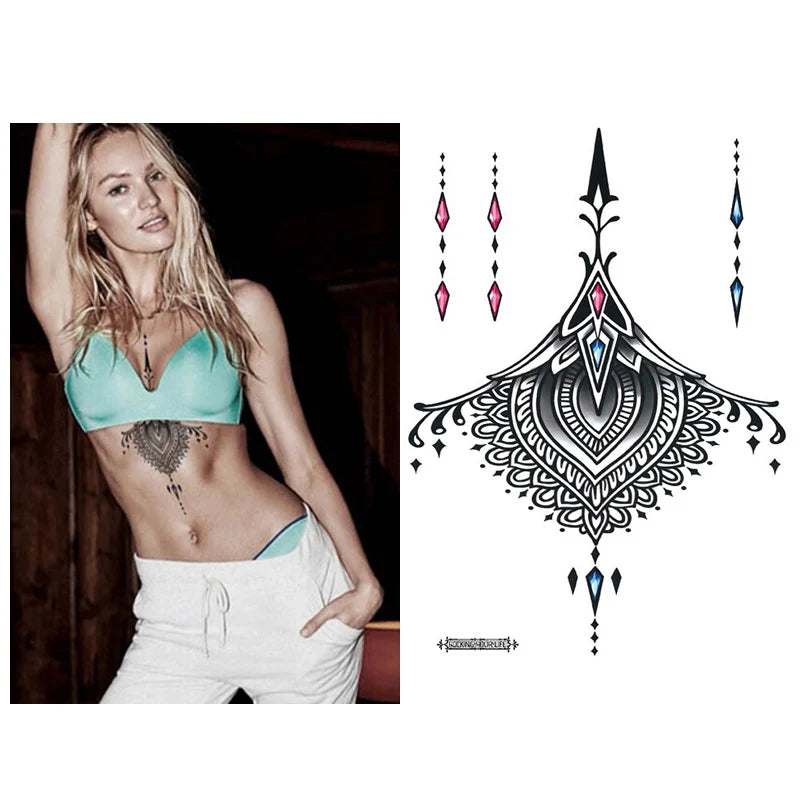 1 PIECE Under Boob Sternum Temporary Tattoo with Unalone, Spiritual Symbols,Loutus Pattern Body Art Sexy Waist Tattoo For Girl