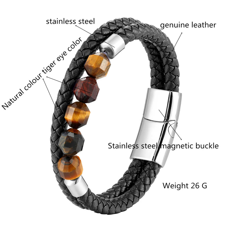 New 10mm Cut Corner Natural Tiger's Eye Energy Bracelet Sweet And Romantic Couple Double-Layer Leather Rope 316 Stainless S