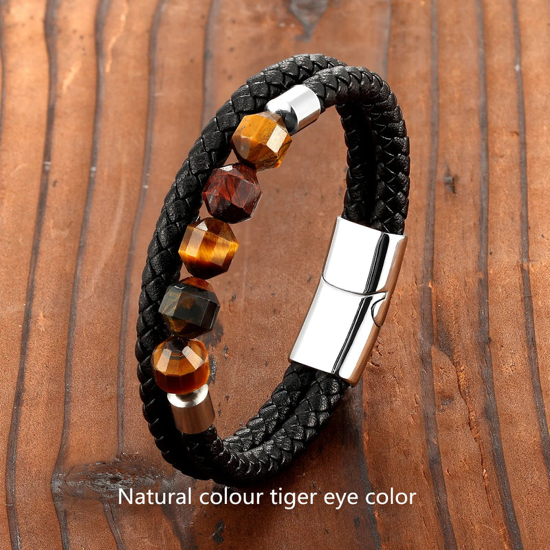 New 10mm Cut Corner Natural Tiger's Eye Energy Bracelet Sweet And Romantic Couple Double-Layer Leather Rope 316 Stainless S