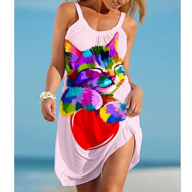 Rainbow Painting Print Women's Fashion Dress Midi Summer Sexy Beach Dress Bohemian Sleeveless Party Dresses Elegant Sundress Hem