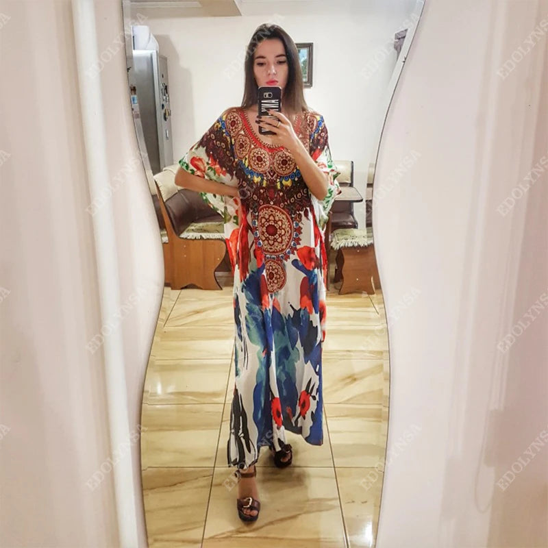 2023 Bohemian Printed V-neck Batwing Sleeve Long Loose Summer Dress For Women Clothes  Streetwear Moroccan Caftan Q831