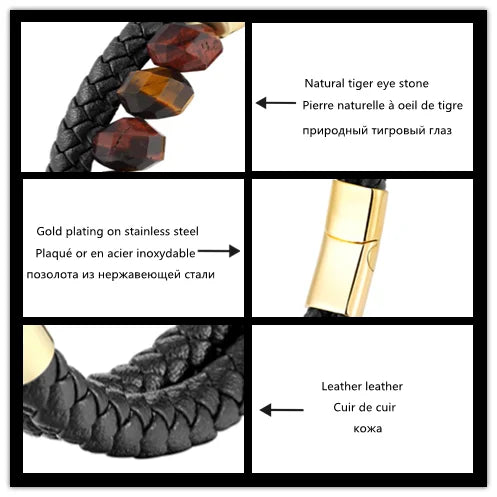 New 10mm Cut Corner Natural Tiger's Eye Energy Bracelet Sweet And Romantic Couple Double-Layer Leather Rope 316 Stainless S