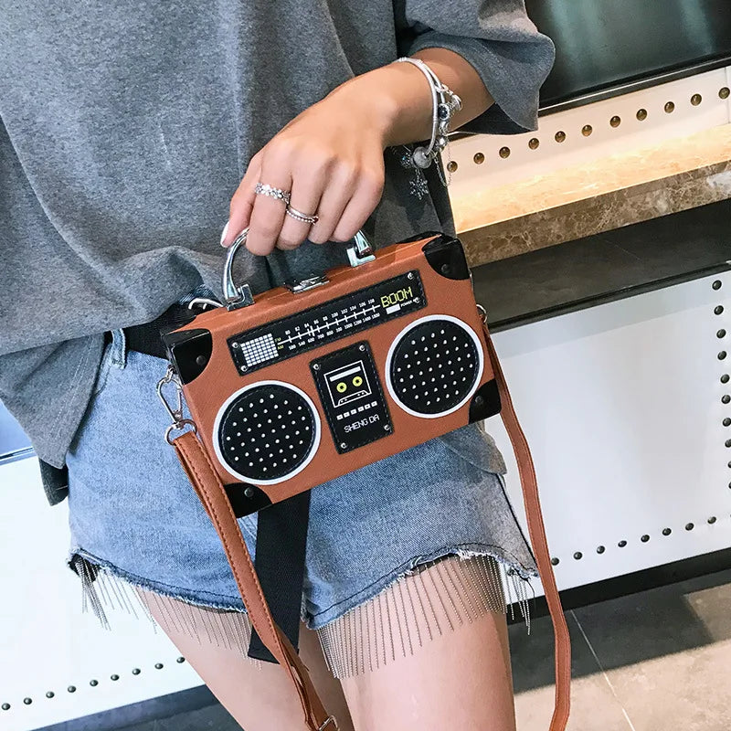 the BOOMBOX BAG - Unique Retro Radio Box Bag, Ladies Leather Handbag Shoulder Bag. Metal Handle Purse, Women's Crossbody Messenger