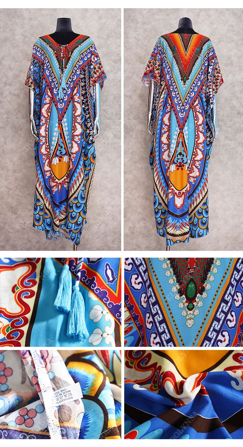 2023 Bohemian Printed V-neck Batwing Sleeve Long Loose Summer Dress For Women Clothes  Streetwear Moroccan Caftan Q831