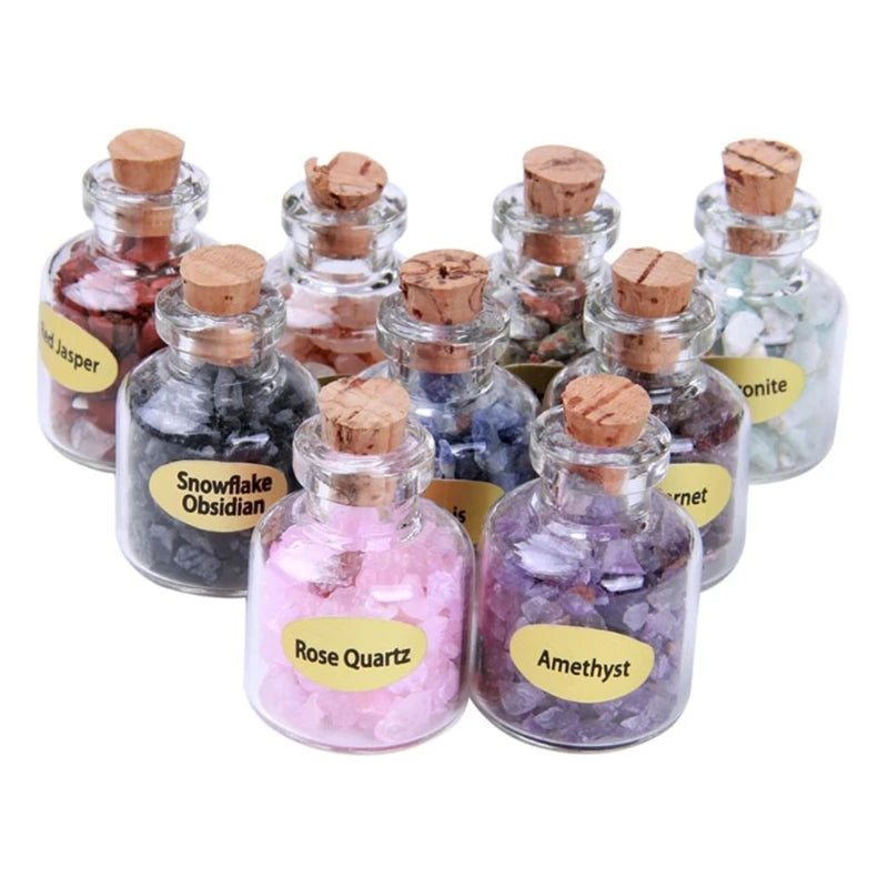 9 Bottles Mini Gemstone Bottles Chip Crystal Healing Tumbled Gem Reiki Wicca Stones Set Semiprecious Gem Stones Decor