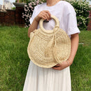 the WOVEN BAG - Straw Bag Rattan Woven Round Tassel Handbag for Women, Large Capacity Shoulder Tote Purse, Ladies Holiday Wood Handle Shopping Bag