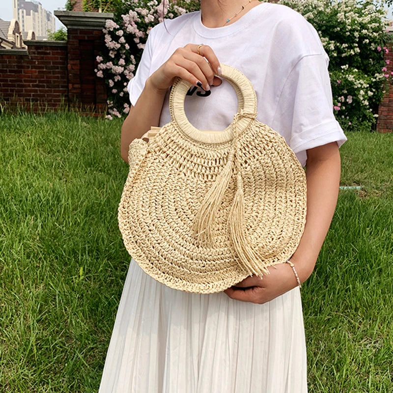 the WOVEN BAG - Straw Bag Rattan Woven Round Tassel Handbag for Women, Large Capacity Shoulder Tote Purse, Ladies Holiday Wood Handle Shopping Bag