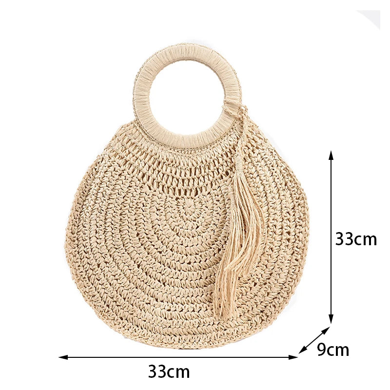 the WOVEN BAG - Straw Bag Rattan Woven Round Tassel Handbag for Women, Large Capacity Shoulder Tote Purse, Ladies Holiday Wood Handle Shopping Bag