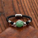 the JADE STONE - Geometric Jade Natural Stone Energy Bracelet, Stainless Steel Leather Rope Bracelet for Women