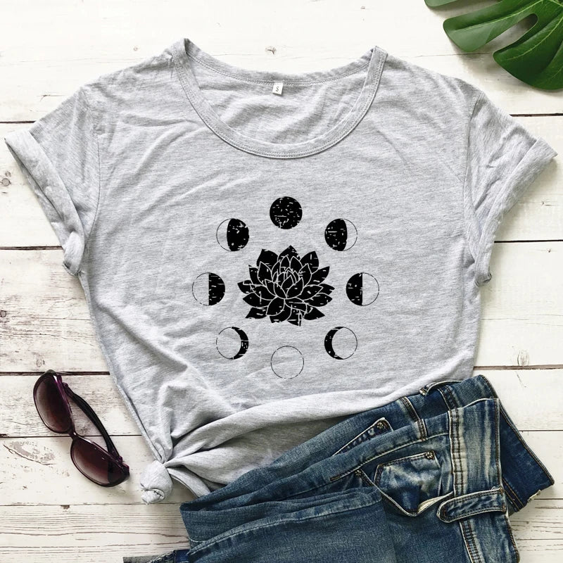 Mystical Moon Phases Lotus Flower T-shirt Aesthetic Women Spiritual Yoga Tshirt Funny Astrology Hippie Graphic Tees Tops