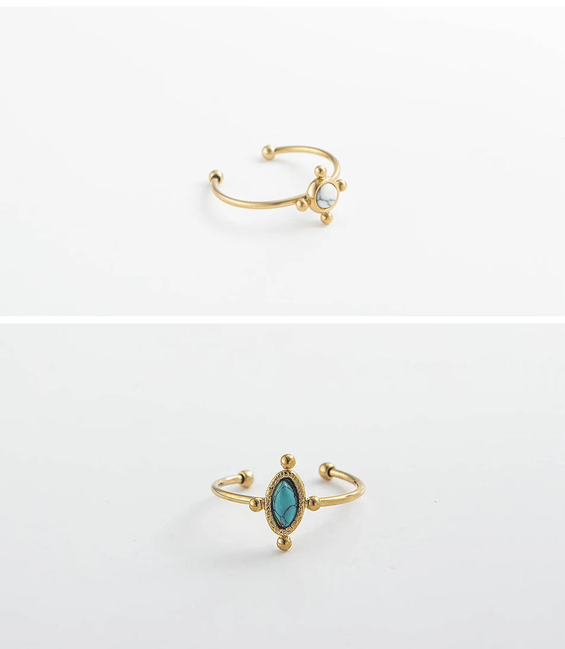 the STONE BOHO - Boho Geometric Stone Rings for Women, Stainless Steel Gold Plated Stackable Finger Ring, Blue Geen White Stone Jewelry