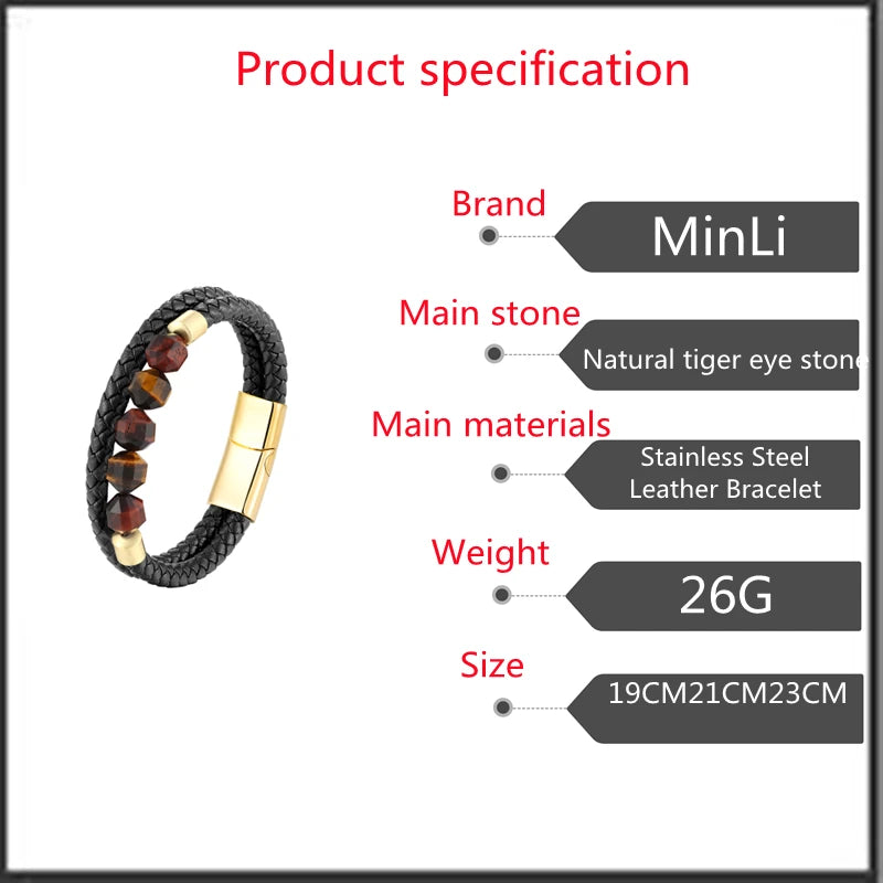 New 10mm Cut Corner Natural Tiger's Eye Energy Bracelet Sweet And Romantic Couple Double-Layer Leather Rope 316 Stainless S