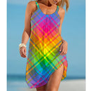 the RAINBOW BEACH - Summer Rainbow Print Fashion Midi Beach Bohemian Sleeveless Sundress