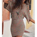the OFFICE CHIC - Sexy Bodycon Wide Sleeve Vintage Print Casual O-Neck Keyhole Back Hollow Out Sashes Mini Dress