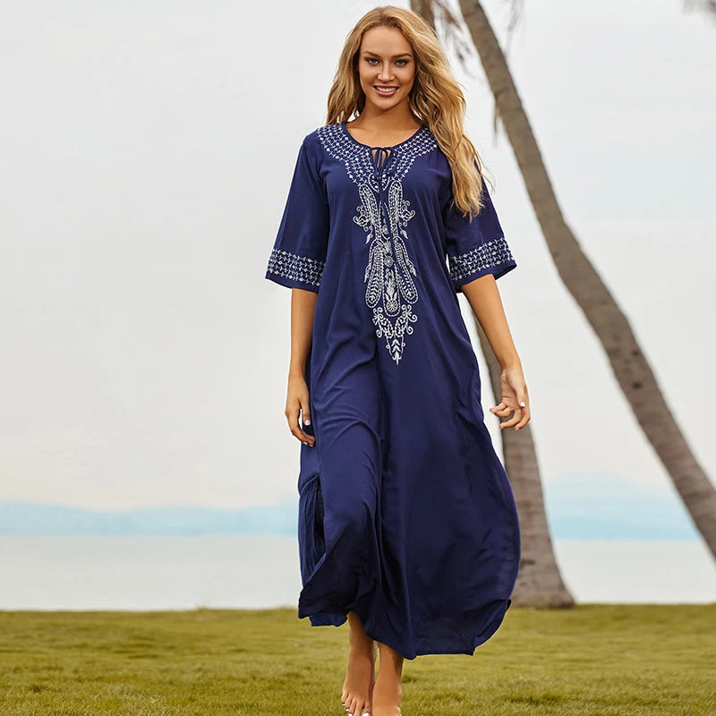 2023 Bohemian Printed V-neck Batwing Sleeve Long Loose Summer Dress For Women Clothes  Streetwear Moroccan Caftan Q831