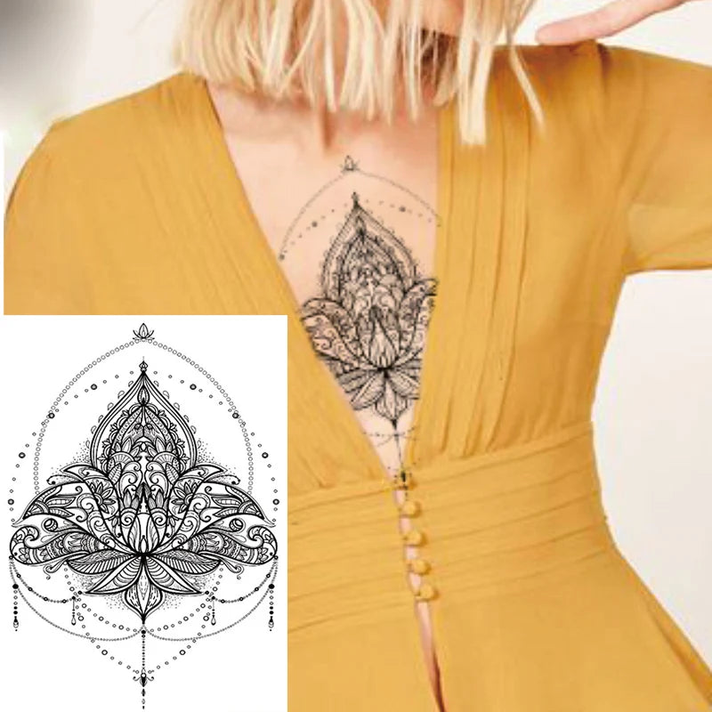 1 PIECE Under Boob Sternum Temporary Tattoo with Unalone, Spiritual Symbols,Loutus Pattern Body Art Sexy Waist Tattoo For Girl