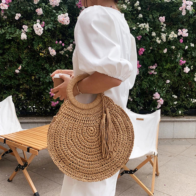 the WOVEN BAG - Straw Bag Rattan Woven Round Tassel Handbag for Women, Large Capacity Shoulder Tote Purse, Ladies Holiday Wood Handle Shopping Bag