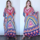 the BOHO KAFTAN - Bohemian Printed V-Neck Batwing Sleeve Long Loose Summer Moroccan Kaftan Dress for Women