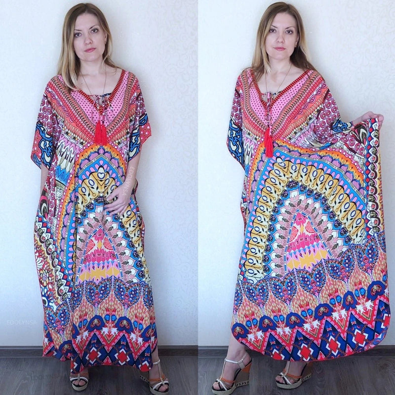 2023 Bohemian Printed V-neck Batwing Sleeve Long Loose Summer Dress For Women Clothes  Streetwear Moroccan Caftan Q831