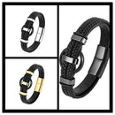 the BLACK AGATE - New Circle Natural Black Agate Charm Jewelry, Men's Bracelet, 3 Wavy Design Leather Rope Stainless Steel Bracelet Gift