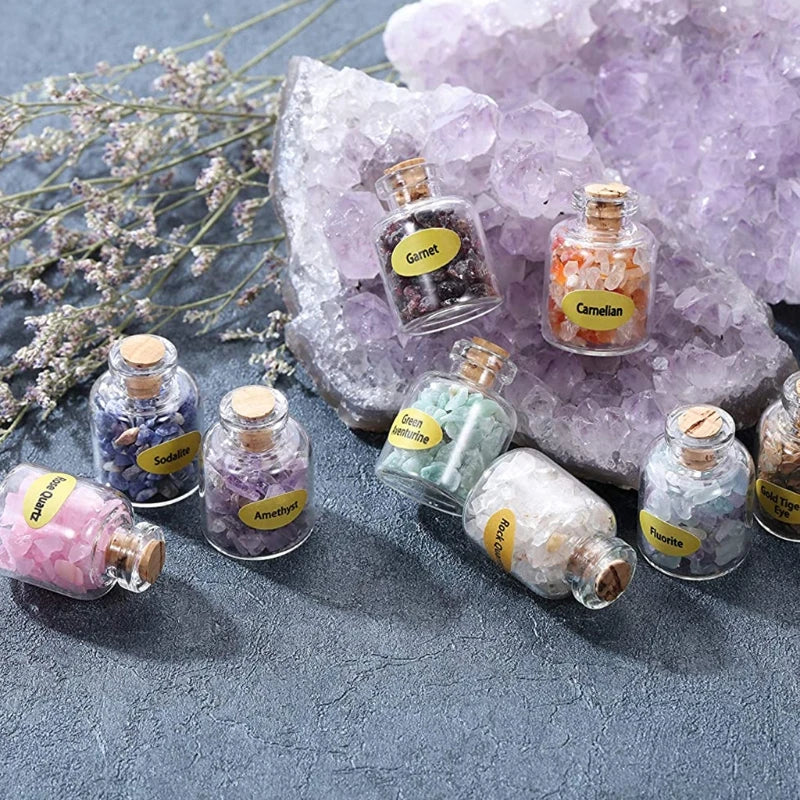 9 Bottles Mini Gemstone Bottles Chip Crystal Healing Tumbled Gem Reiki Wicca Stones Set Semiprecious Gem Stones Decor