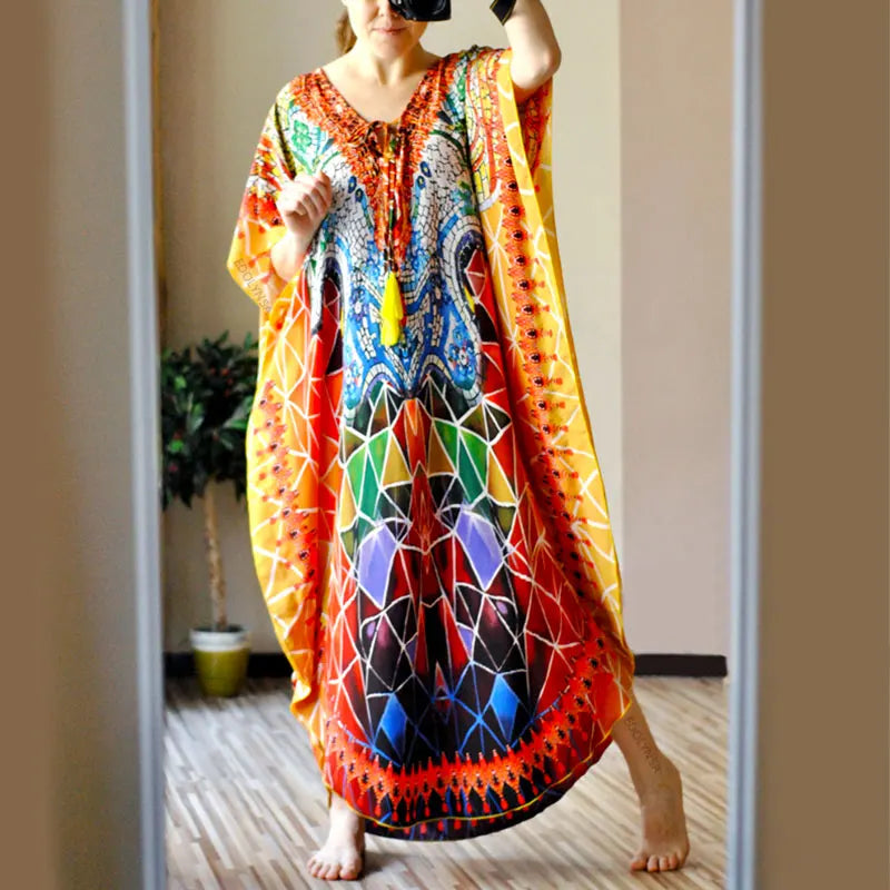 2023 Bohemian Printed V-neck Batwing Sleeve Long Loose Summer Dress For Women Clothes  Streetwear Moroccan Caftan Q831