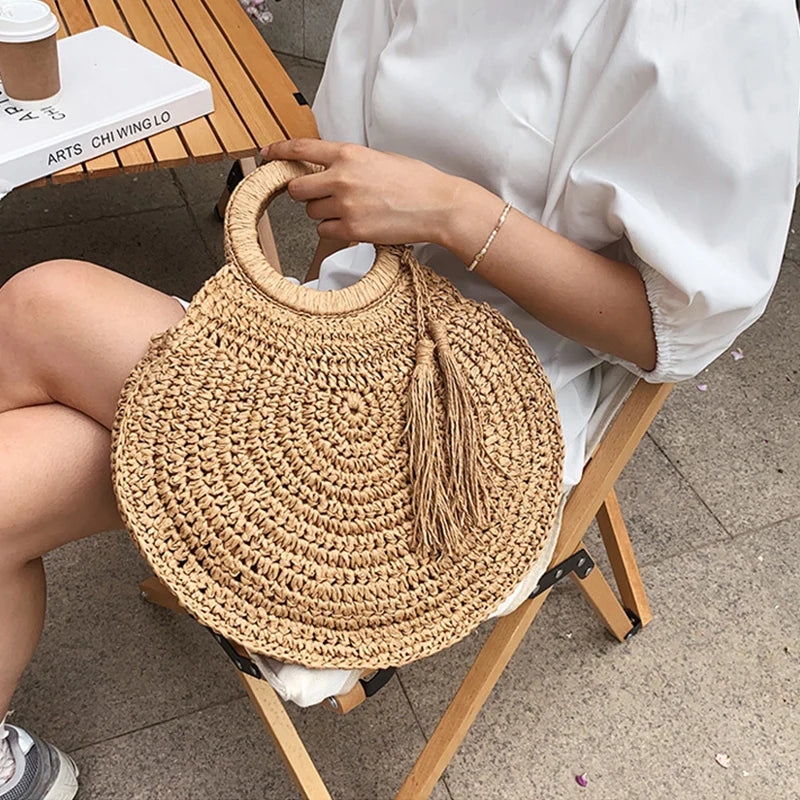 the WOVEN BAG - Straw Bag Rattan Woven Round Tassel Handbag for Women, Large Capacity Shoulder Tote Purse, Ladies Holiday Wood Handle Shopping Bag