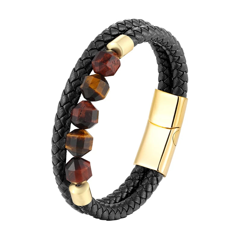 New 10mm Cut Corner Natural Tiger's Eye Energy Bracelet Sweet And Romantic Couple Double-Layer Leather Rope 316 Stainless S