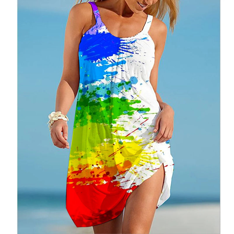 Rainbow Painting Print Women's Fashion Dress Midi Summer Sexy Beach Dress Bohemian Sleeveless Party Dresses Elegant Sundress Hem