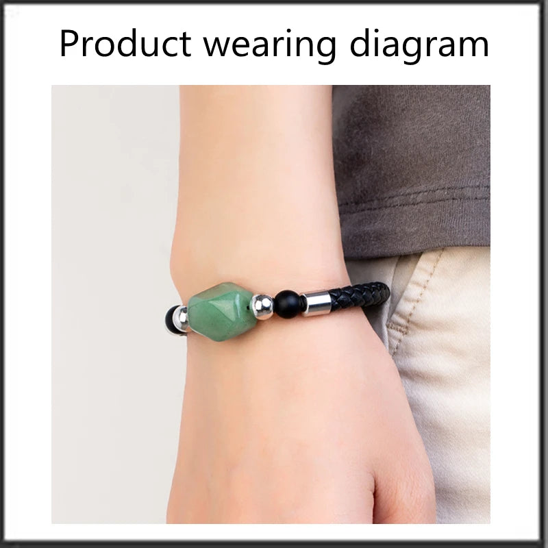 Geometric Dongling Jade Natural Stone Energy Bracelet OL Style New Design 316L Stainless Steel Leather Rope Bracelet for Women