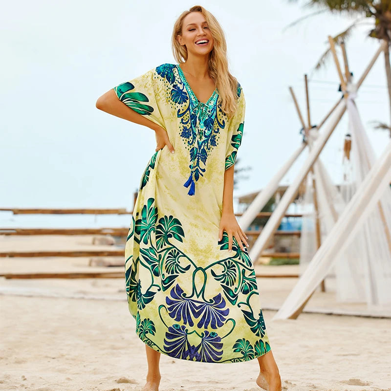 2023 Bohemian Printed V-neck Batwing Sleeve Long Loose Summer Dress For Women Clothes  Streetwear Moroccan Caftan Q831