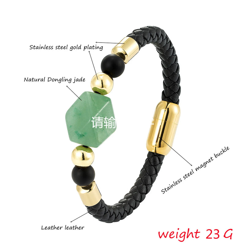 Geometric Dongling Jade Natural Stone Energy Bracelet OL Style New Design 316L Stainless Steel Leather Rope Bracelet for Women