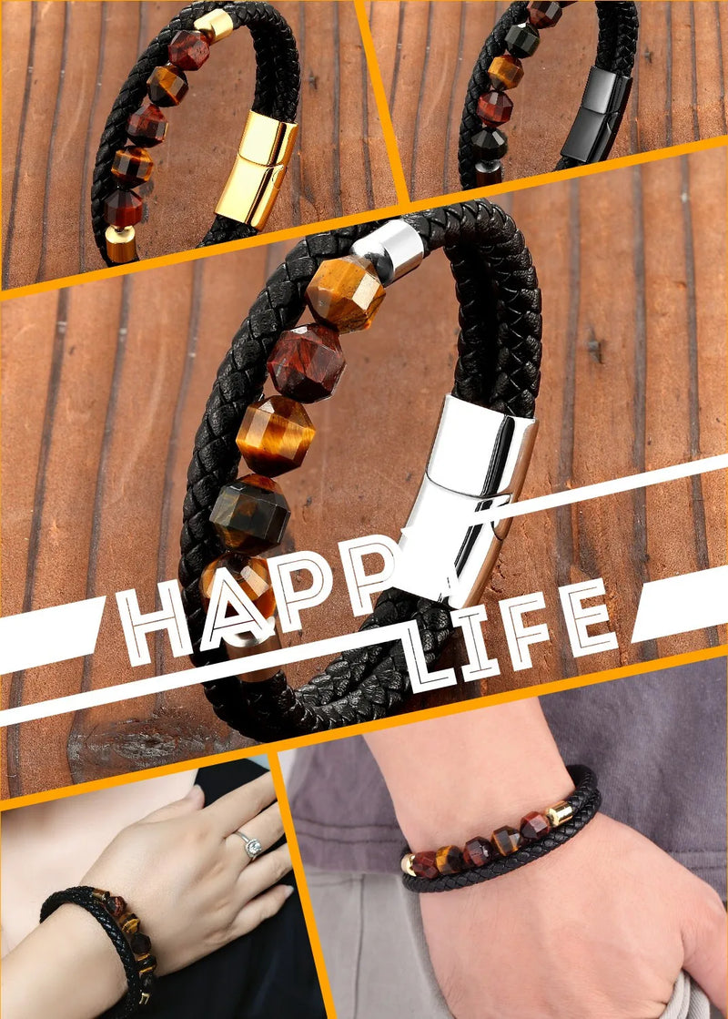 New 10mm Cut Corner Natural Tiger's Eye Energy Bracelet Sweet And Romantic Couple Double-Layer Leather Rope 316 Stainless S