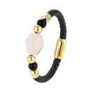 the HOLOGRAM - Geometric Natural Pink Crystal Energy Bracelet, Stainless Steel Leather Rope Bracelet