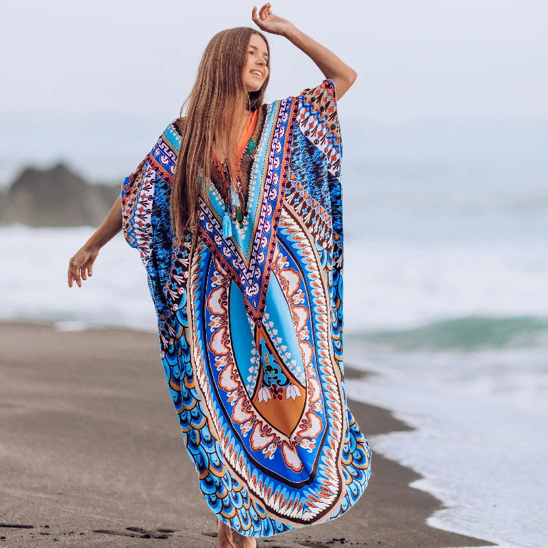 2023 Bohemian Printed V-neck Batwing Sleeve Long Loose Summer Dress For Women Clothes  Streetwear Moroccan Caftan Q831