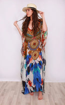 the BOHO KAFTAN - Bohemian Printed V-Neck Batwing Sleeve Long Loose Summer Moroccan Kaftan Dress for Women
