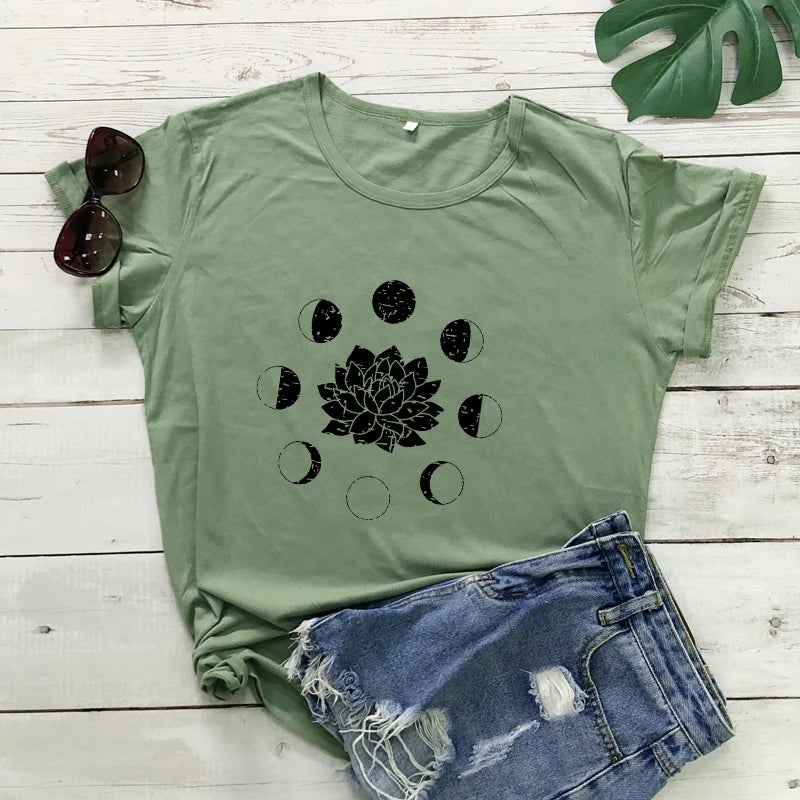 Mystical Moon Phases Lotus Flower T-shirt Aesthetic Women Spiritual Yoga Tshirt Funny Astrology Hippie Graphic Tees Tops