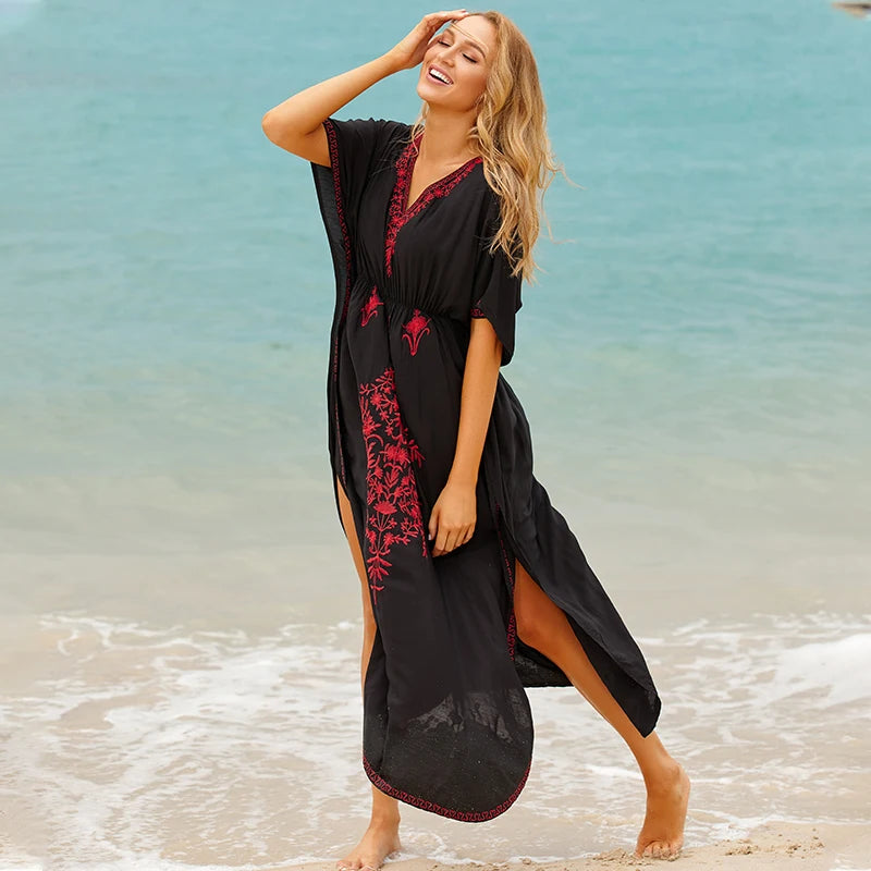 2023 Bohemian Printed V-neck Batwing Sleeve Long Loose Summer Dress For Women Clothes  Streetwear Moroccan Caftan Q831