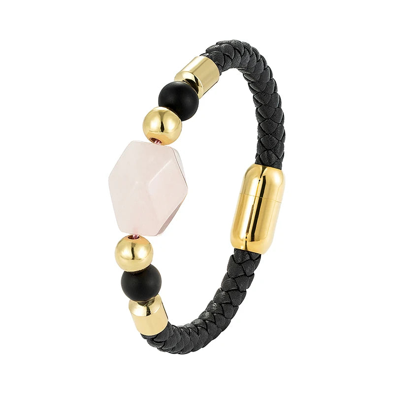 Geometric Natural Pink Crystal Energy Bracelet OL Style New Design 316L Stainless Steel Leather Rope Ladies Bracelet