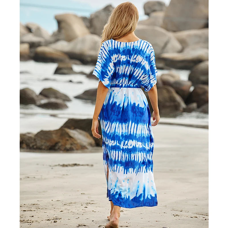 2023 Bohemian Printed V-neck Batwing Sleeve Long Loose Summer Dress For Women Clothes  Streetwear Moroccan Caftan Q831