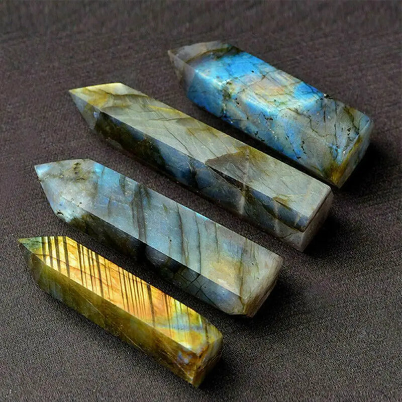 the OBELISK - Natural Labradorite Quartz Hexagonal Prisms Obelisk Crystal Column Wand Point Healing Treatment Stone Gifts