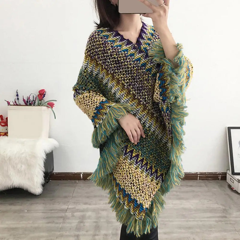 Women Cape Coat Temperament Bohemian Thick for Daily Wear Poncho Coat Autumn Knitted Coat