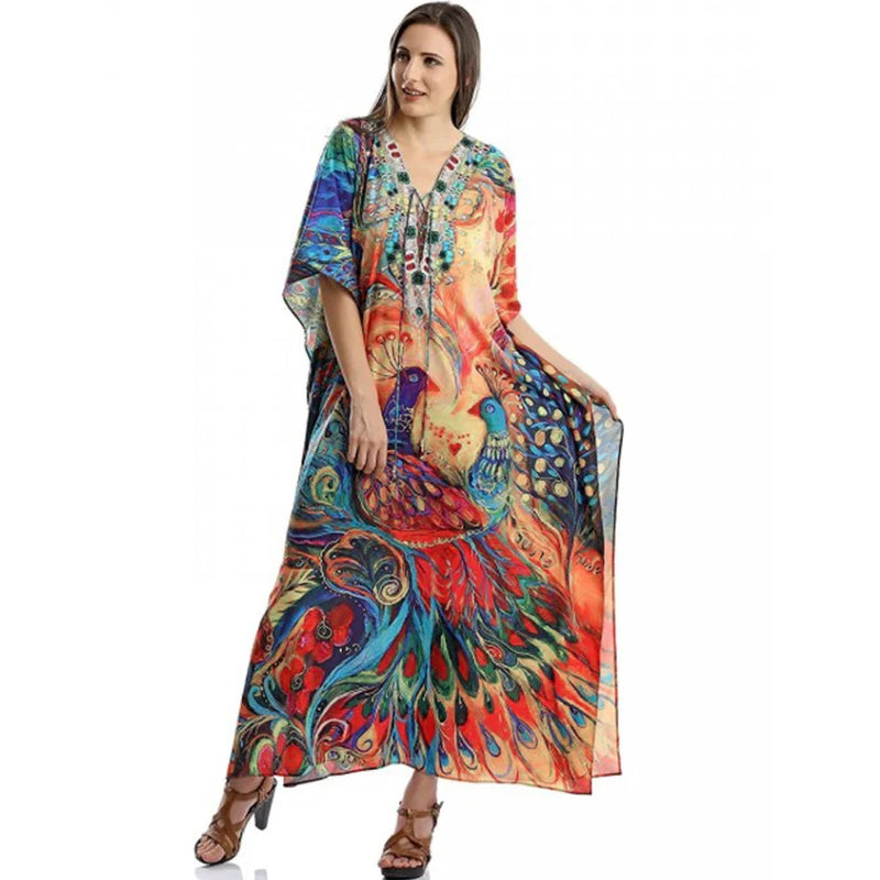 2023 Bohemian Printed V-neck Batwing Sleeve Long Loose Summer Dress For Women Clothes  Streetwear Moroccan Caftan Q831