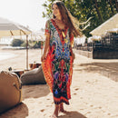 the BOHO KAFTAN - Bohemian Printed V-Neck Batwing Sleeve Long Loose Summer Moroccan Kaftan Dress for Women